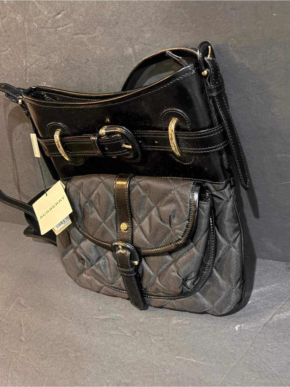 Burberry Bolton Leather Trim Quilted Nylon Crossbody Bag Black Made in Italy NWT